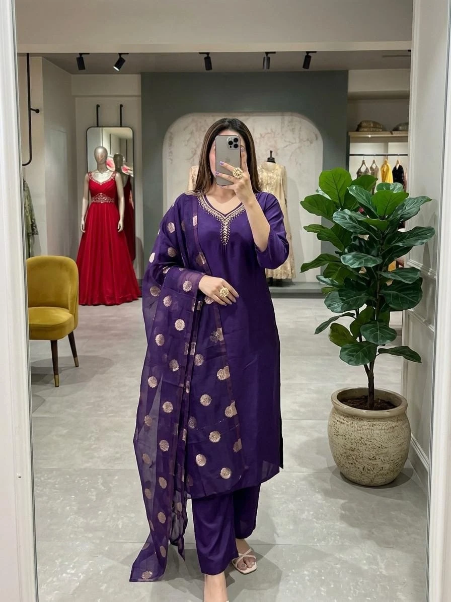 Purple Embroidered Kurta Set with Banarasi Dupatta